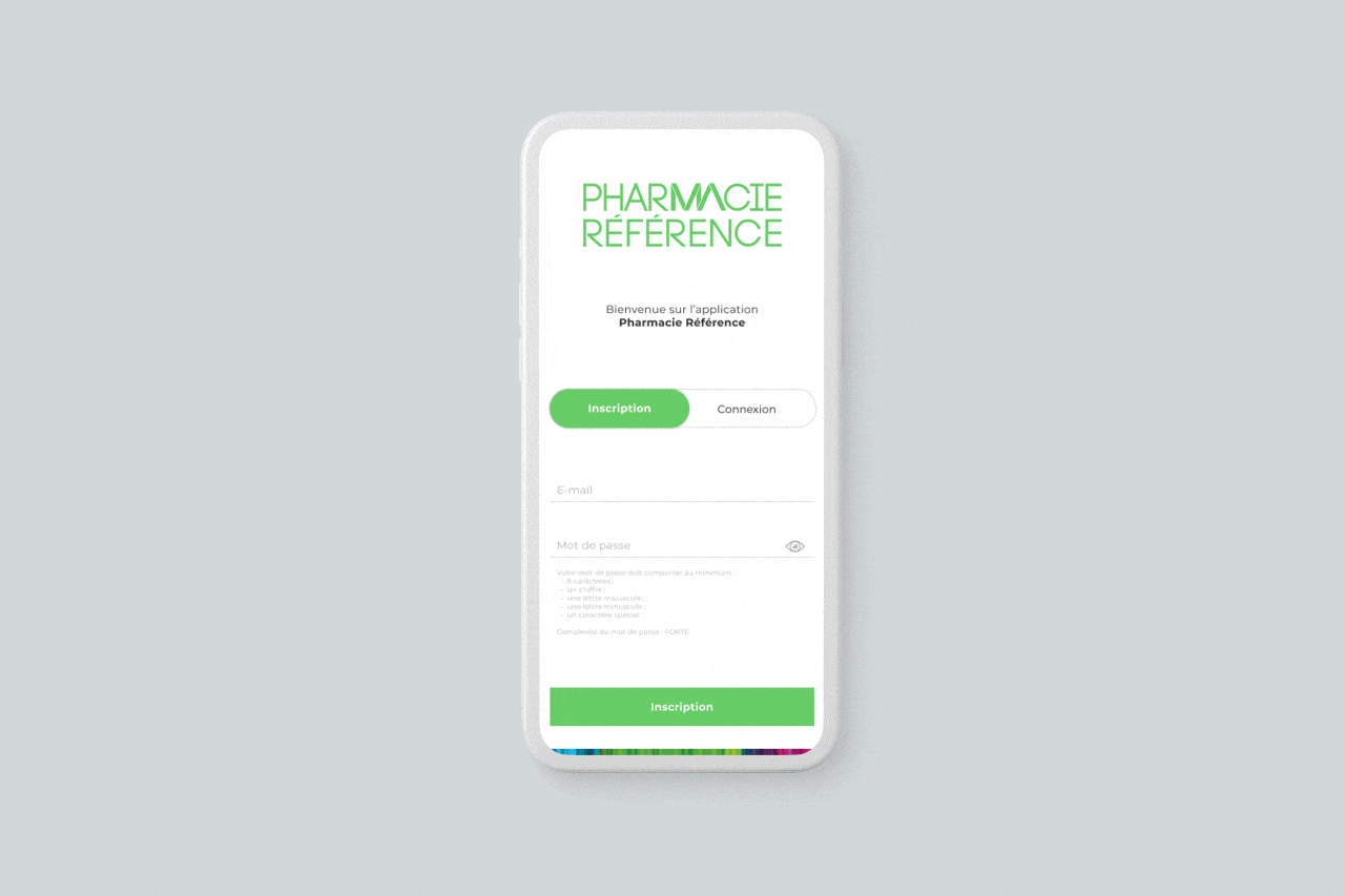 Pharmacie Référence Groupe - Inscription/Connexion application mobile iOS et Android